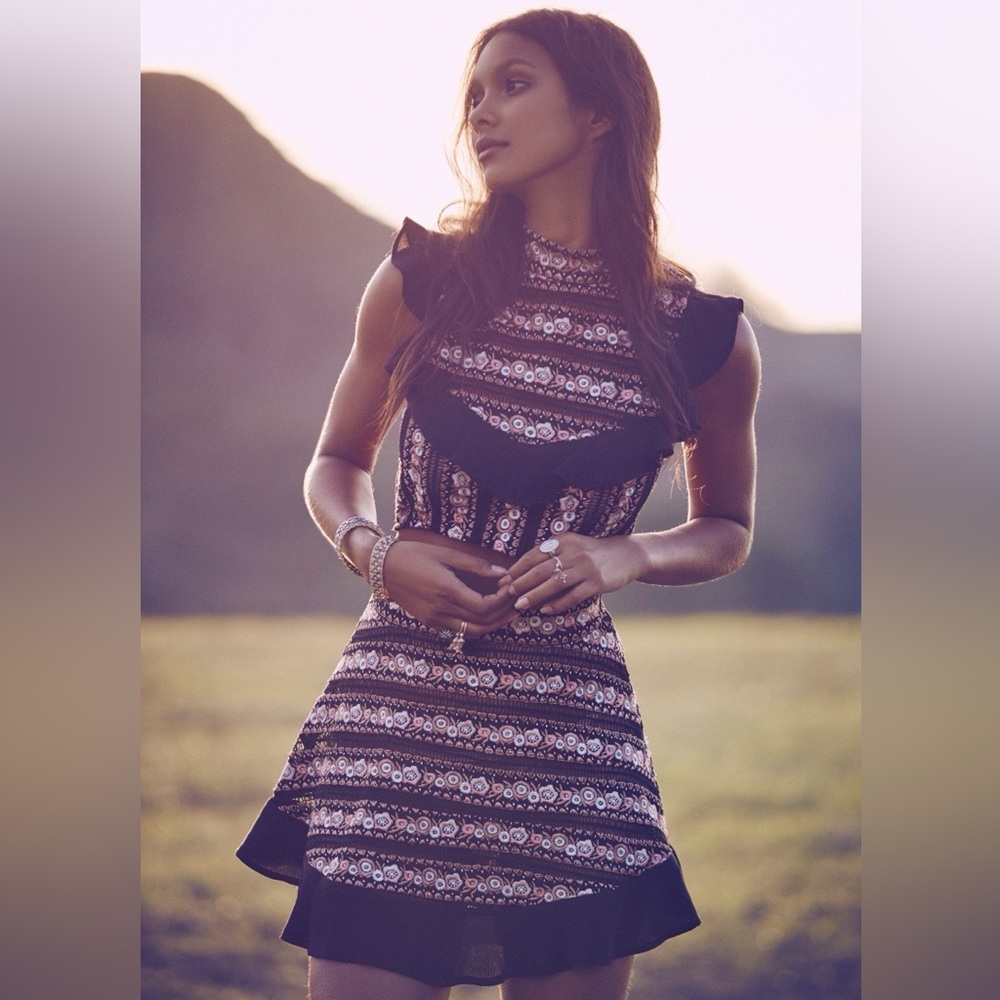 For Love And Lemons Black and Pink Patterned Ruffle Mini Dress